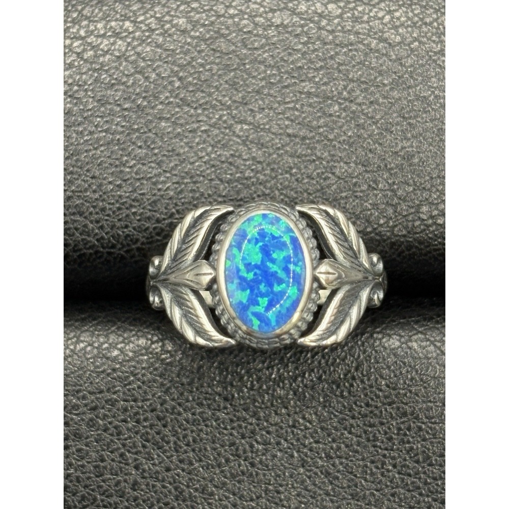 New Condition Sterling Silver Lab Blue Opal Leaf Ring Size 7 E22